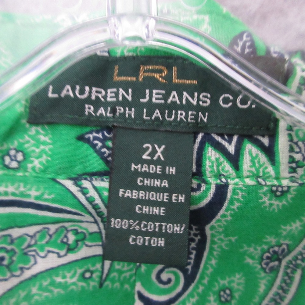 Lauren Ralph Lauren Top Plus 2X Green Paisley LRL Cotton Shirt‎ Old Money Tabbed - Picture 4 of 9